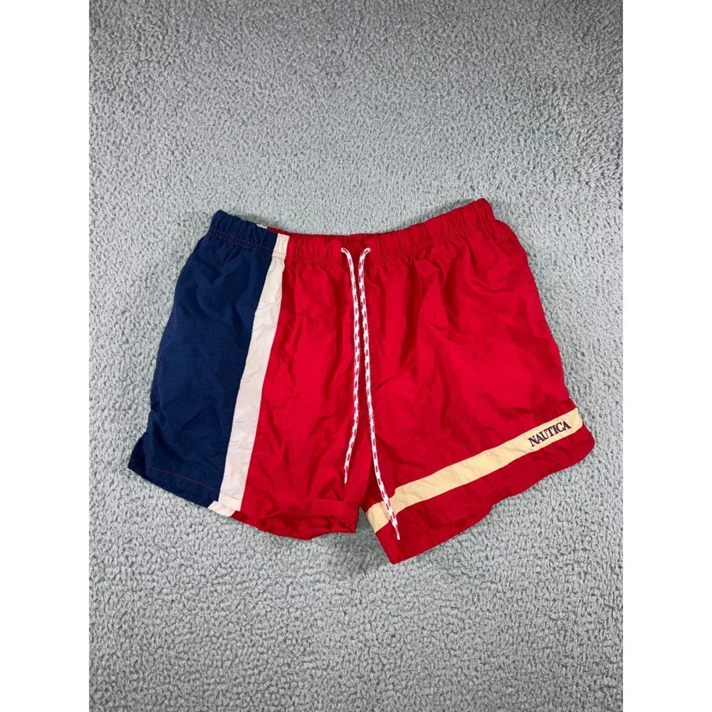 Vtg Nautica Swim‎ Trunks Men Medium Nylon Color Block Surf Shorts 90s Y2K Preppy